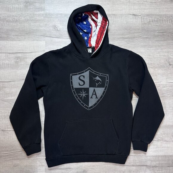 Men's Black Hoodie Fishing SA Co Classic American Flag Shield Size XL EUC - Picture 1 of 9